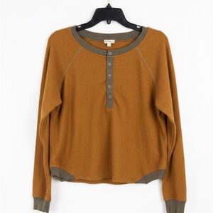Hem & Thread Women's Brown/Orange  Long Sleeve Henley Top With Green/Khaki Trim
